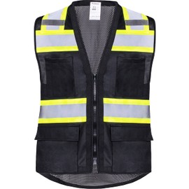 ProtectX Hi-Visibility Solid Front Mesh Back Safety Vest with 6 Pockets, Lightweight, Zip Closure, Reflective Tape, Premium Fluorescent Fabric, ANSI/ISEA Certified, Black – 2X LARGE