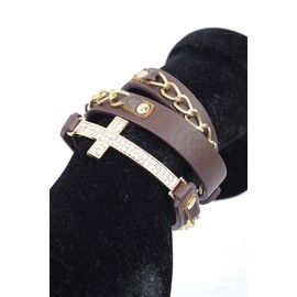 NYFASHION101 Rhinestone Cross Charm Chain Faux Leather Wrap Bracelet, Brown/Gold-Tone