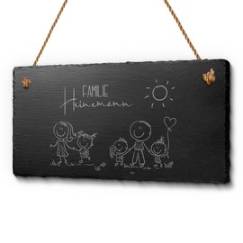 Family Sign Made of Slate with Engraving Approx. 20 x 10 cm - Front Door Sign with Figures Mum Dad Children Individual Decoration Idea Great Door Sign for Families