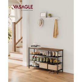 VASAGLE Shoe Rack, 4-Tier Shoe Storage Organizer for Entryway and Closet, Holds 15-18 Pairs of Shoes, 3 Fabric Shelves, Steel Frame, Industrial, Rustic Brown and Black ULBS135B01