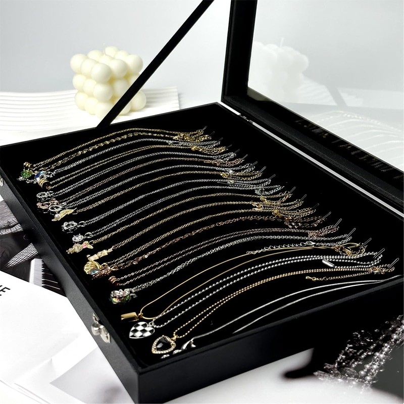 GISK Black 20 Hooks Necklace Organizer Box,Velvet Necklace Tray with