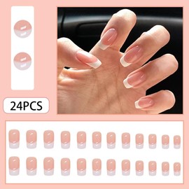 Acrylic Press on Nails Medium Square Fake Nails White French Tip False Nails with Gloss Designs Nails Press on Artificial Nails Stick on Nails for Women 24Pcs