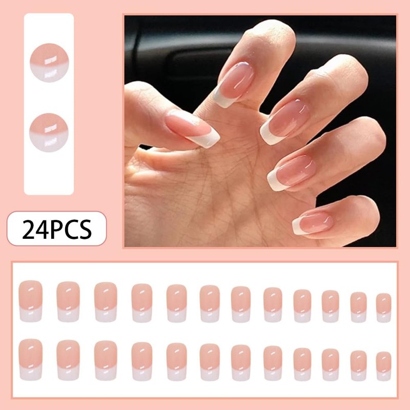 Acrylic Press on Nails Medium Square Fake Nails White French