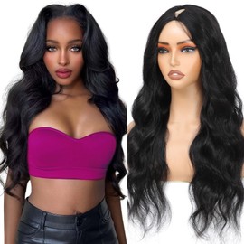 V Part Wig Human Hair Body Wave Upgrade U Part Human Hair Wig With Clips Glueless Wigs Human Hair Beginner Friendly V Shape Clip In Half Wigs for Women No Leave Out 180% Density 22 Inch