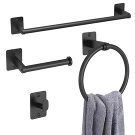 KLJKPA Matte Black Bathroom Accessories Set, 4 Pieces Bathroom Hardware Set, 16 inch Towel Bar, Towel Racks for Bathroom, Robe Towel Hooks, Toilet Paper Holder Wall Mounted