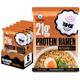 Ramen Bae High Protein Ramen Noodles - Beef Flavor 21g Protein Soup - Air Dried Not Fried, Plant Based, Vegan Ramen Protein Noodles - Low Carb, Sodium & Fat - Savory Roasted Beef Broth (Pack of 6)