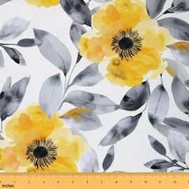 Castle Fairy Yellow Flowers Soft Polyester No Stretch Fabric,100% Polyester,Vintage Geometric Floral Pattern,1 Yard (Length 36" Width 59")
