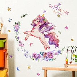 WandSticker4U® - Wall Sticker Unicorn Girl "The Princess Sleeps Here" (72 x 59 cm) I Wall Sticker Children's Room Girls Unicorn Princess Flowers Stars Wall Sticker Girls Room Decoration