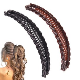 2 Pcs Banana Hair Clip, Vintage Double Comb Long Hair Clips Black Brown Banana Clips for Fine Thick Hair Elegant Accessories Wave Long Hair Clips for Girls Women