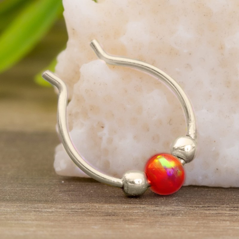 Red Opal Fake Septum Ring- Sterling Silver Faux Septum Hoop