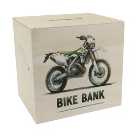 Enduro Wooden Motorcycle Money Box with Saying Bike Bank White Light Green Off-Road Machine Perfect for Vehicle Lovers Text in Cool Design