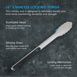Messermeister Stainless Locking Tongs, 16” - Gently Grips Food - Durable Stainless Steel & Non-Slip, Silicone Grip - Dishwasher Safe