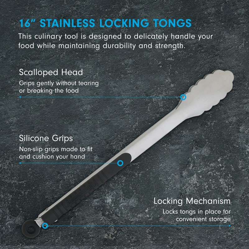 Messermeister Stainless Locking Tongs, 16” - Gently Grips Food -