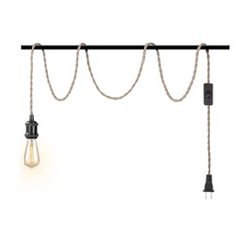 EmyZöilure 15FT Industrial Pendant Lights Cord Plug in Hanging Light Kit with Switch and Hemp Rope, Hanging Lamp Kit with E26 Bulbs Socket DIY Lamp Cord Fixture for Farmhouse Bedroom Living Room Decor