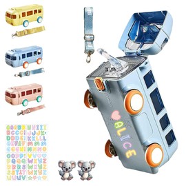 Kid Toy Bus Water Bottle Toddler Wheel 16oz Portable School Popup No Spill Leak Proof Sippy Plastic Drink Cup Straw Small Child Big 2 In 1 Car Cute Kawaii Van Bulk Truck Shape Strap Little Boy Girl