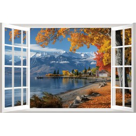 WOOHOOROO 3D Peel and Stick Fake Window Wall Murals Autumn Scenery-Lakeside Houses and Snow Mountains Poster Picture Stickers Decor Self-Adhesive Removable Decoration,16" x 24"