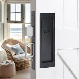 Modern Pocket Door Hardware - Privacy Lock with Finger Flush Pulls & Soft Close, Zinc Alloy (Black, No Key)