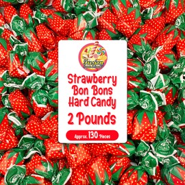 Strawberry Filled Hard Candy - Individually Wrapped Strawberry Bon Bons Candy 2 Pound Bulk Bag, Red