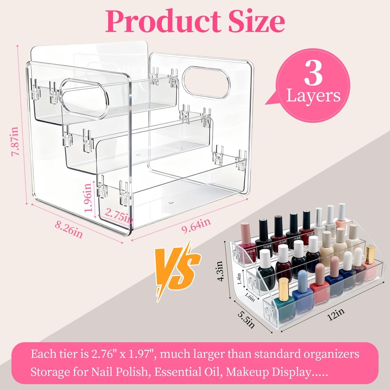 BQAN 3-Tier Clear Acrylic Nail Polish Organizer Rack with Built-in