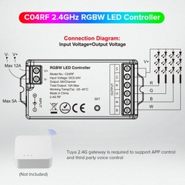 SEZO C04RF 2.4GHz RGBW LED Controller Multiple Color Modes Controlled by RC03RFB RF Remote/Tuya 2.4GHz Gateway for 5050 FCOB RGBW LED Strip DC5-24V Max 12A (Remote/Gateway Not Included)