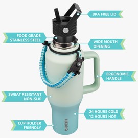 BJPKPK Insulated Water Bottles with Straw Lid, 40oz Metal Water Bottle with 2 lids & Paracord Strap, Double Wall Stainless Steel Tumbler with Handle, Reusable Cups, Mugs, Thermos, Mint
