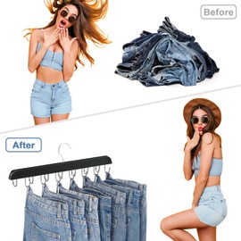 Jean Hangers for Closet, 14 Wood Jeans Hooks Space Saving, 180° Rotating Jean Hangers for Skirts/Shorts/Belts/Ties, Closet Organizers and Storage, Pants Hooks for Jeans, 2 Pack, Black