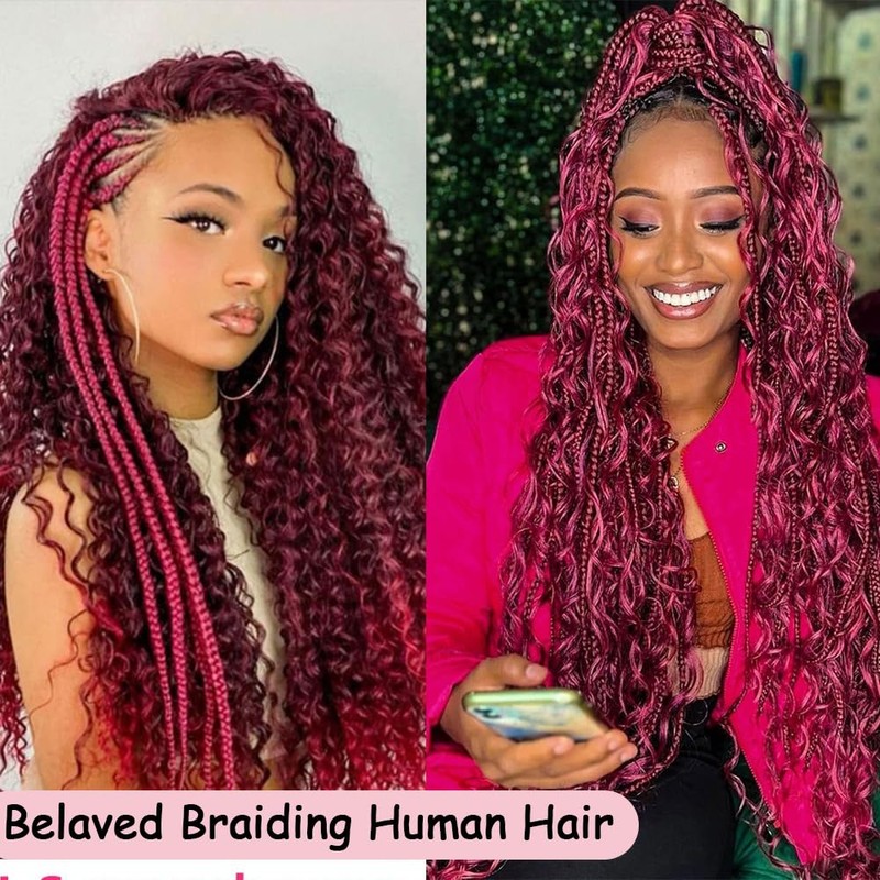 Belaved Human Braiding Hair Burgundy Red for Boho Braids Water