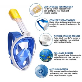 Diving Mask, Snorkel Mask, Full Mask, 180 Degree Vision, Diving Masks with Panoramic Full Face Design, Sports Cameras, Compatible Diving Goggles for Adults and Children