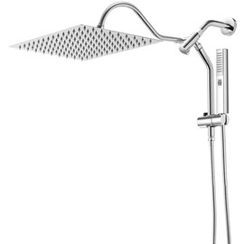 Rain Shower Head, 12 * 8 Inch Rectangular Shower Head with Handheld Spray, Rainfall Dual Showerhead Set with Adjustable Slide Bar, 77" Hose, Curved Extension Arm, Chrome, 1.8 GPM, DOE & CEC Certified