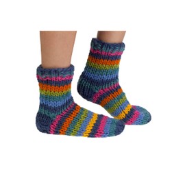 Pachamama Women 100% Wool Bed Sofa Socks Handknitted Stripe Blue Multicoloured Medium 4-7 Handmade Extra Warm