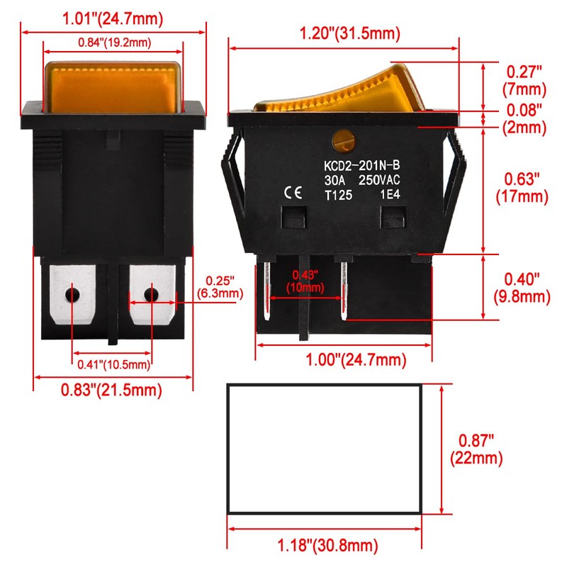 Heschen High Current Rocker Switch, 30A 250VAC, ON-OFF 2 Positions,