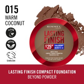 Rimmel Rimmel Lasting Finish 25 HR Compact Foundation 015 Warm Coconut, Matte Buildable Coverage, Powder-to-Cream, Anti-Pollution Shields, SPF 20, Hyaluronic Acid, Waterproof, Hides Imperfections