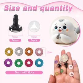 TOAOB Pack of 64 Safety Eyes Doll Eyes Glitter 12 mm Plastic Craft Eyes Colourful Button Eyes with Washers for Crochet Animals Doll Puppet Plush Toy Teddy Eyes