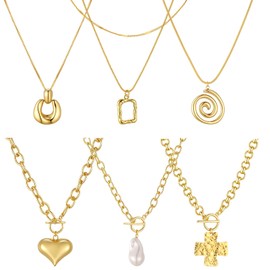 Misdary 6pcs Chunky Gold Necklace Set 14k Statement Gold Necklace Heart Pearl Spiral Pendant Trendy Jewelry for Gifts on Birthday Holidays Women