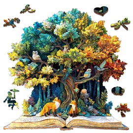 Mocfesk Tree of Life Wooden Puzzles, Vibrant Tree＆Book Jigsaw Puzzles for Adults and Kids, Art Animals＆Plants Wooden Puzzles 200 Pieces, Family Game Wall Decor 11.1'' x 11.4''
