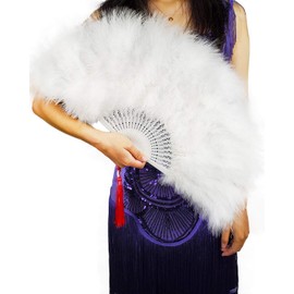 Happy Feather Handheld Marabou Feather Fan, 1920s Vintage Style Flapper Hand Fan for Costume Party and Dancing-WHITE