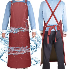 SHEOMERN Waterproof Rubber Aprons for Women, Heavy Duty Vinyl Dishwasher Apron Adjustable Cross Back Strap for Dishwasher, Butcher, Dog Grooming, Chemical Resistant, 43" Long Thicker Apron Red