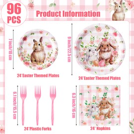 Z1juce Easter Themed Party Plates - 96PCS Easter Party Supplies Tableware Pink Buffalo Plaid Bunny Plates Napkins Forks Disposable Set Serve 24 Guests Dinnerware for Holiday Party Table Decorations