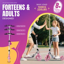 Kick Scooter for Kids Ages 8+ Teens & Adults, with Front handbrake and Rear Brake, and Adjustable Handlebars, Big Sturdy PU Flash Wheels Great Gift & Toy