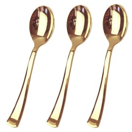 JL Prime - Juego de 50 cucharas de plástico doradas, reutilizable, cucharas de plástico reciclables, cucharas de plástico doradas, ideales para bodas, aniversarios, ensayos, eventos de ducha