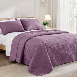 Exclusivo Mezcla Queen Quilt Bedding Set, Lightweight Dusty Lavender Quilts Queen Full Size for All Seasons, Soft Microfiber Bedspreads Coverlets Bed Cover with Leaf Pattern, 3 Piece