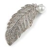 Clear Crystal White Pearl Feather Brooch/Pendant In Silver Tone -