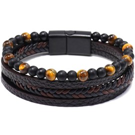 Suyi Mens Bracelet Leather Multilayer Bracelets for Men Braided Beads Wristband Bracelet Coffee 1