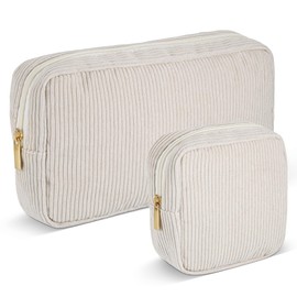 Huiguli Make-Up Bag for Women, Small, 2 Pieces Cord Make Up Bag with Compartments, Travel Portable Makeup Bag with Metal Zip for Girls, Women, Ladies, Beige, beige, Modern