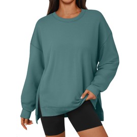 AUTOMET Womens Long Sleeve Sweatshirt Casual Crewneck Side Split Lightweight Oversized Fall Fashion Pullover Tops 2025 BlueGreen L