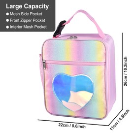 GRKJGytech Insulated Lunch Bag for Kids Girls Pink Rainbow Glitter Portable Leakproof Kids Lunch Box for Women Food Drink Pack Cooler Bag for Work School Picnic Camping