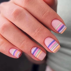 KKUUOO Press on Nails Medium,Square French Fake Nails with Colorful Line Design Full Cover False Nails Cute Matte Nails Glossy Glue on Nails Stick on Nails Artificial Nails for Women Girls 24Pcs