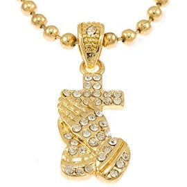 Hot New Gold Tone Praying Hands with Cross Pendant Mini Pave Cz Stones Necklace Free 30" Ball Chain