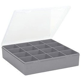 Wham 9.01 16 Division Square Plastic Craft DIY Storage Organiser Box Upcycled Soft Grey Clear Lid, 23.5 x 24.5 x 5cm