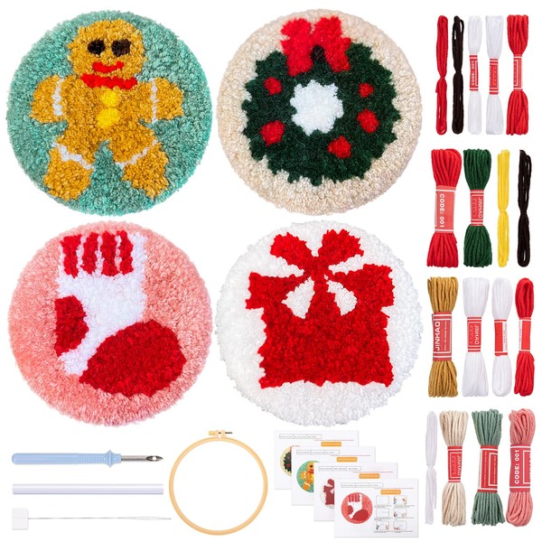 JSRQT 4 Piece Christmas Punch Needle Coaster Set, Punch Needle